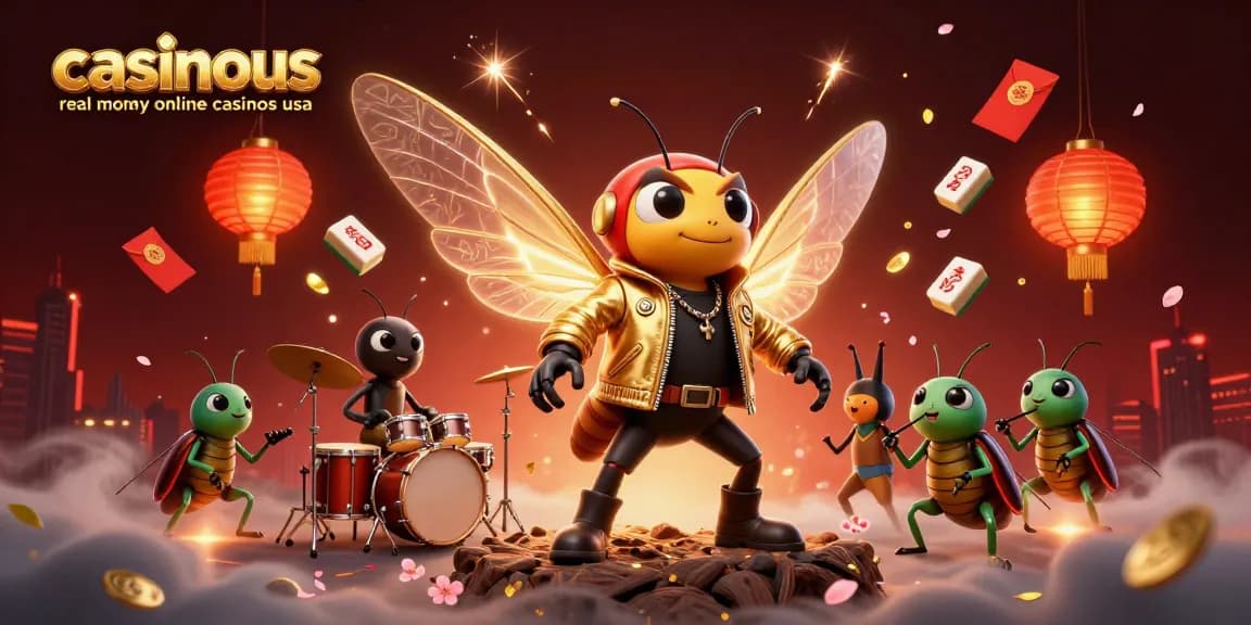 Experience the thrill of casinous real money online casinos usa with an energetic 3D illustration featuring a cicada rock star and vibrant gaming elements.