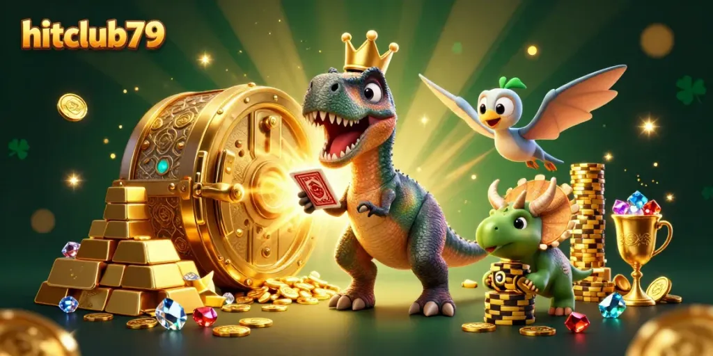 Experience excitement with hitclub79 as a T-Rex shuffles cards amidst treasures and playful dinosaur characters.