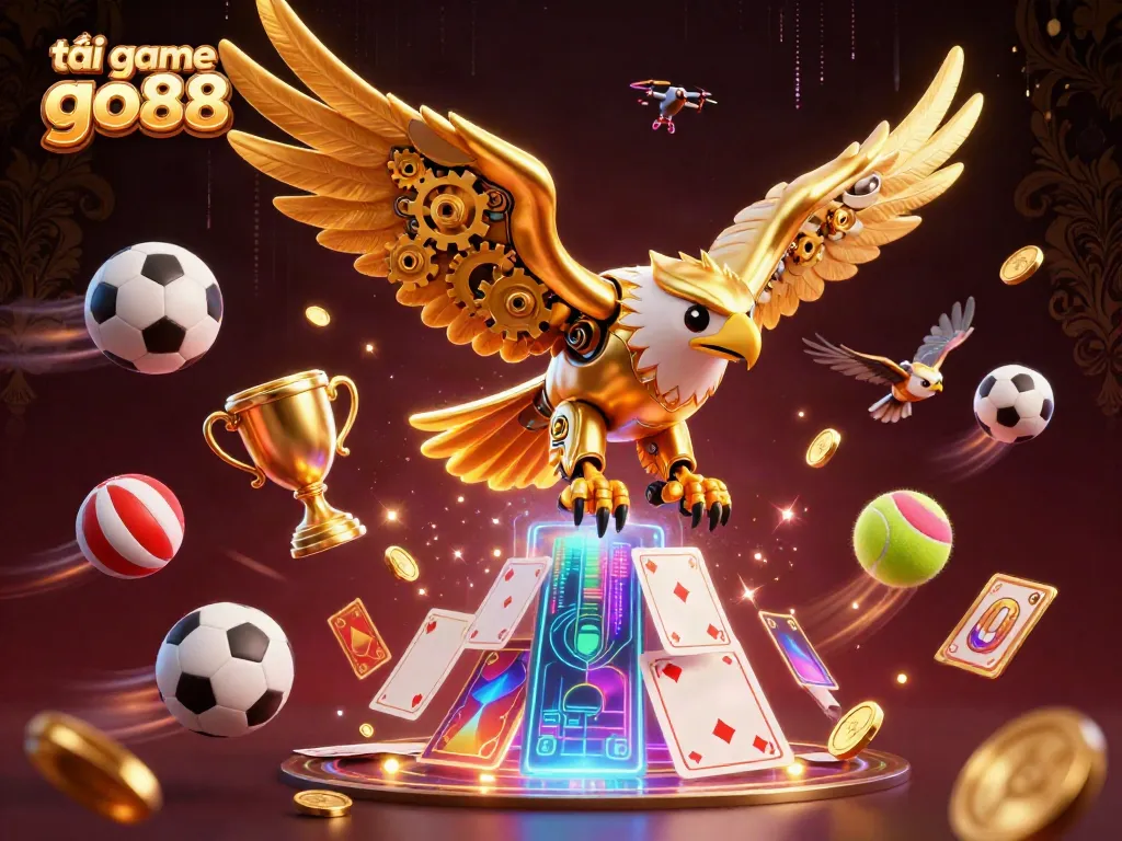 Experience the excitement of tải game go88 with a dynamic illustration of a cybernetic eagle and sports betting elements.