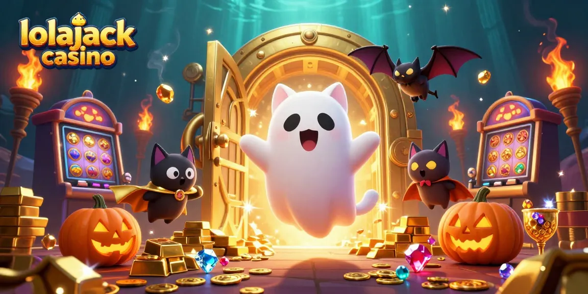 Experience fun gameplay at Lolajack Casino with friendly characters in a vibrant, treasure-filled scene.