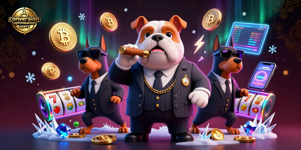 Engage with our conversion optimization agency's dynamic casino scene showing a mafia bulldog amidst Bitcoin coins and slot reels.