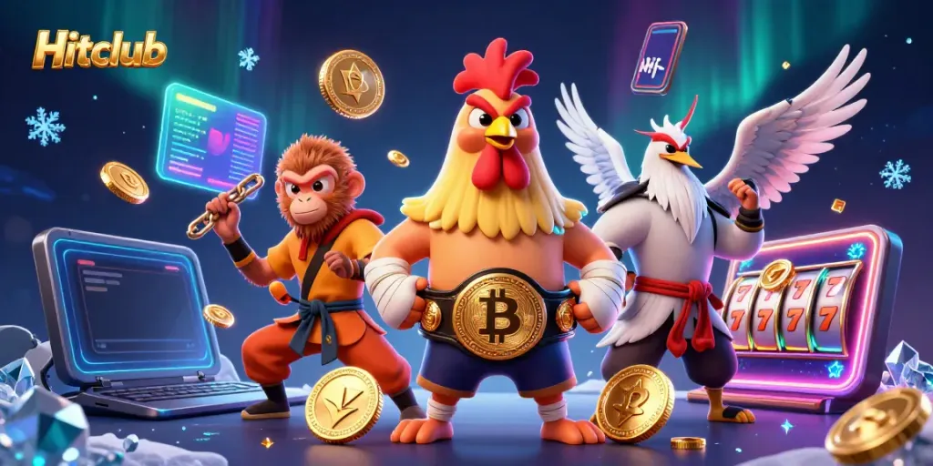 Hitclub brings excitement with a Muay Thai rooster and Shaolin monkey in a vibrant casino scene