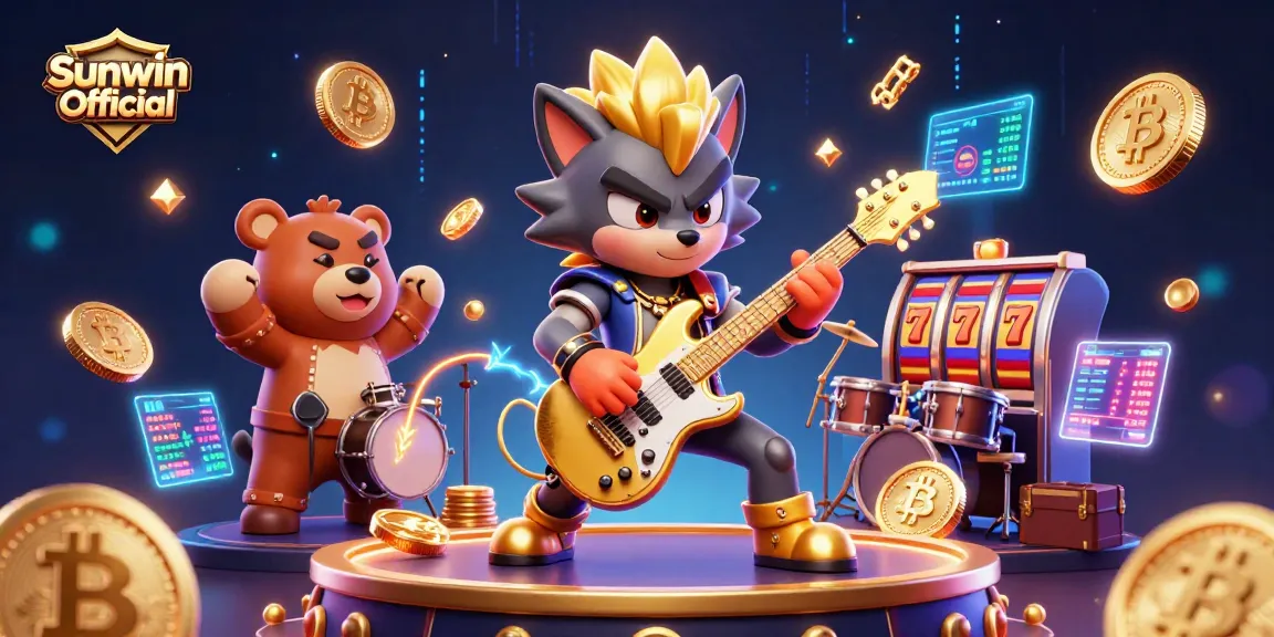 Experience thrilling action with Sunwin Official as a rock star wolf rocks the casino stage amidst vibrant slot machines!