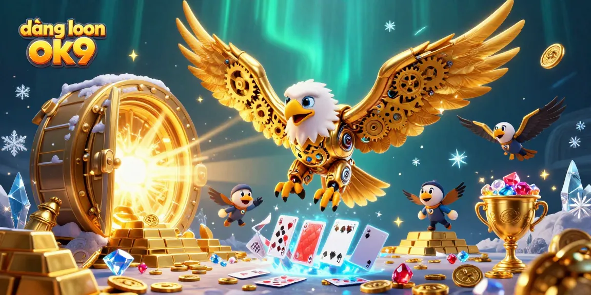 Engage with 登陆 ok9 in a vibrant casino atmosphere featuring a golden eagle and holographic cards.