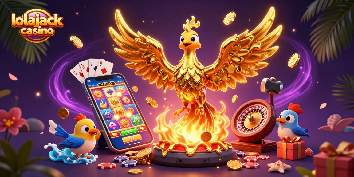 Experience the thrill of lolajack casino with golden phoenixes and vibrant gaming elements.