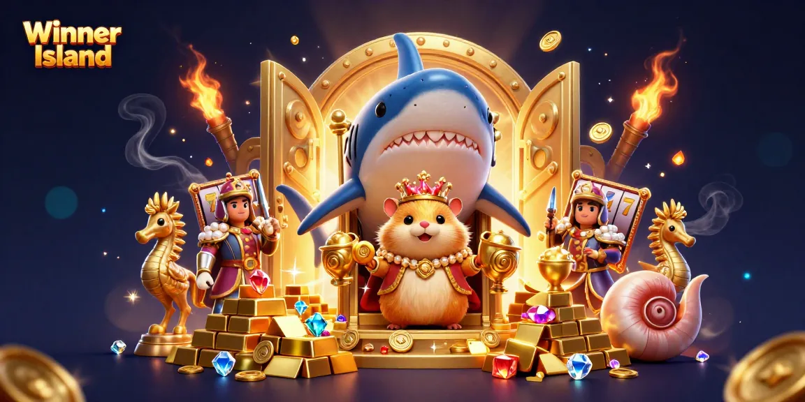 Experience thrilling gameplay at Winner Island with a vibrant casino scene featuring animated characters and gold elements.