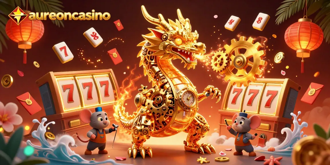 Aureoncasino showcases a golden dragon amidst dazzling slot elements and vibrant decorations